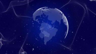 Gelecekçi gezegen Dünya hologram siber uzayı. Yüksek çözünürlüklü parlak noktaların dünya haritası ikili kodların arka planına karşı büyük veri çemberleri. Küresel iletişim sistemi. Genel ağ engelleme zinciri bağlantısı