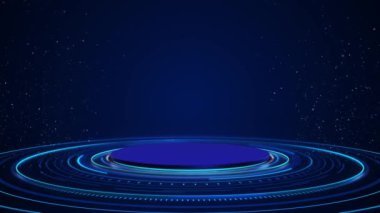 Dijital yüksek teknolojili hologram Teknoloji mavi daire ışık sahnesi fütüristik HUD podyum elemanları, hologram portal arayüzü arka planı. Çember çarpım sunumu. Sanal gerçeklik projektörü Portal 3D