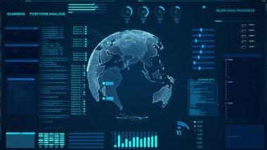 3D Infographic işletme finans yatırımı, veri grafikleri, grafikler, küresel harita, veri analizi soyut arkaplan ile gelecekteki dijital konsol arayüzü. İstatistikler finans piyasası verileri, raporlar