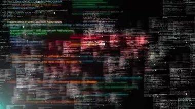 Kaynak kodlu metin animasyon dokusu bilgisayar monitörü bozulma efektini örtüyor. Ölümcül Hata Arızası Efekti. Sistem ihlali gürültü efektleri bilgisayar programı arka planı. Bilgisayar korsanları program kodu