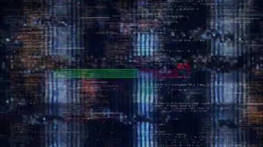 Yazılım kaynağı hackleme teknolojisi, kodlama, programlama virüsü, bilgisayar koruması, siber saldırı, antivirüs, sanal alan. Program güvenlik kodu. Veri akışı bozulma efekti ölümcül hata hatası