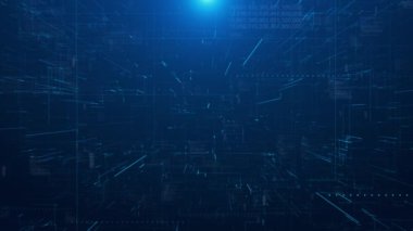 Global Network büyük veri tüneli 3d parlayan düğümler noktalarını birleştirdi. Veri akışı fütüristik Plexus bilim çokgen ağ teknolojisi iş sunumu yapay zeka Ai 4K