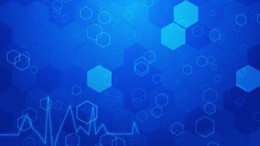 Mavi fütüristik kimyasal yapısal formüller sağlık hizmetleri ve bilimsel tıbbi yenilik arka plan tasarımı. Geometrik soyut arkaplan ve altıgenler. Tıp, bilim teknolojisi. Moleküler formüller