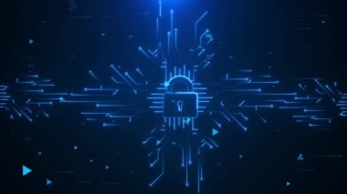 Siber güvenlik kalkanı kilidi ikonu hologram güvenlik ihlali saldırı uyarı mesajı sanal hud sızıntısı veri gizliliği VPN servis koruması şifreli cüzdan