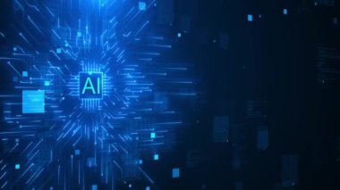 Ai Chip devre kartı diyagramı Data bilgisi yapay zeka 5G. Dijital veri, işlemci arka planında hareket ediyor. Bilgisayar veri madenciliği. Soyut yüksek teknoloji 3D teknoloji yüzeyi 4K