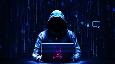 Kimliği belirsiz bilgisayar korsanı bilgisayar koruması, siber saldırı, antivirüs. Darknet dolandırıcılığı ve kripto para birimi bitcoin konsepti. Siber güvenlik ve veri koruma sosyal ağı. Programlama Kodu