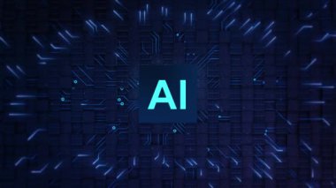 Yapay zeka devre tahtası konsepti. çizgi makine öğrenme tasarımı. Akıllı ağ dijital bilim yarı iletken hologram teknolojisi. Mikroçip işlemcisi, iot, büyük veri. Yapay zeka yeniliği.
