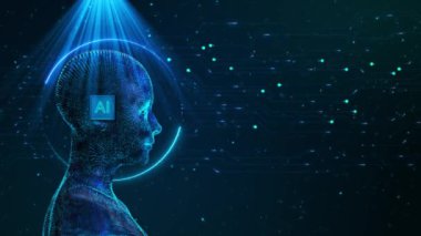 Fütürist Dijital Arayüz İnsan Etkileşimi. Makine öğrenme reaksiyonu ai yapay zeka. Sohbet robotu yazılım ağı. Büyük veri engelleme zinciri sistemi. Zeki beyin. büyük veriler işleniyor