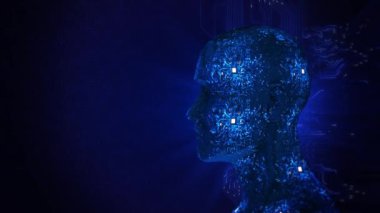Yapay Zeka, Veri Bilimi, Bilgi Teknolojisi. baş sinirsel ağ beyin sanal ekran dijital podyumu. Siber uzaya bak. VR gerçeklik makinesindeki robotun zihni büyük verileri öğreniyor.