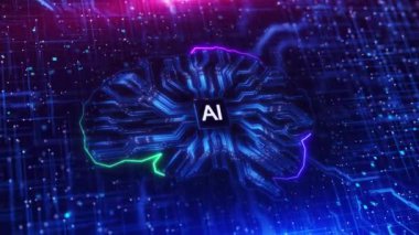 Teknolojinin geleceği, nöroloji ve yapay zeka robot yüzü ve beyin insan zekası entegrasyonu. Makine öğrenme, derin öğrenme, sinirsel ağlar. Beyin ağda. Siber zihin İnsan hızlı dijital