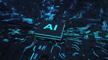 Devre levhası Yapay Zeka birimi büyük veri dizilerini işliyor. Robot cyborg veri çıkarma makinesinin güçlü Kuantum Yapay Zeka araştırması öğrenme işbirliği, teknoloji ilerlemesi yeniliği. siber alan