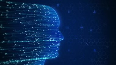 Yapay Zeka Hologramı Beyin Teknolojisi Biyometrik Tanımlama Matrisi Animasyon Büyük Veri İşlemi, istemler, Öğrenme. Çevrimiçi eğitim, öğrenim, Fen Üretken Gelecek Teknolojisi. yenilik bilim konsepti