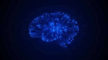 İnsan yapay zeka işlemcisi çokgen dijital beyin logosu ile ağ çizgisi ve ai teknolojisi ikonu rotasyonu ile fütüristik soyut arka plan kavramları makine öğrenmesi üzerinde etkileşim kurar