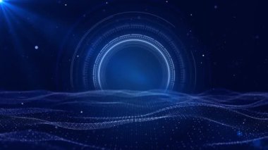 Matrix hattı HUD siber uzay manzarası, Mavi Toz Parçacık Ağı teknolojisi dijital siber uzay dijital veri konsepti derin soyut sahne haber stüdyosu kurumsal bağlantıları