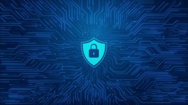 Siber güvenlik kalkanı kilidi ikonu hologram güvenlik ihlali saldırı uyarı mesajı sanal hud sızıntısı veri gizliliği VPN servis koruması şifreli cüzdan