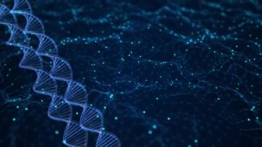 DNA 'nın fütüristik kimyasal yapısal formüllerinin animasyonu. Sağlık ve bilimsel tıbbi iplik genetik tıp bilimi DNA iplikçikleri. Sıvı parçacıkları. Biyoteknoloji, insan genomu, laboratuvar araştırmaları.,