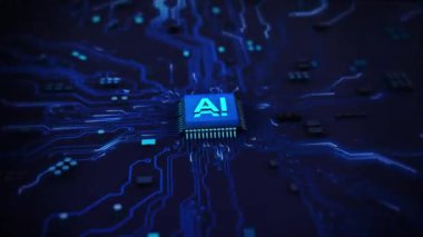 3D Fütürist Yapay Zeka Veri Madenciliği Elektronik derin öğrenme Bilgisayar çipi teknolojisi. Dijital Beyin İş Hologramı Hud siber yenilik otomasyon beyni. siber punk.