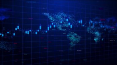 3D Futuristik Dünya Dijital Finans Borsası borsa kripto para birimi dijital göstergeleri, dünya haritası soyut arkaplan. Eski Ticaret Yatırımcısı, Mali Analizci Borsa Çizelgesi AI ticareti