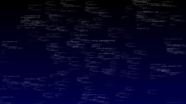 Karanlık bir arka plan, siber güvenlik teknolojisi ve veri bilimi üzerinde soyut ikili kodların parlayan çizgileriyle gelecekçi dijital veri akışı programlama kodu. Programlama kodu yazılım kaynak kodu. Üç Boyut