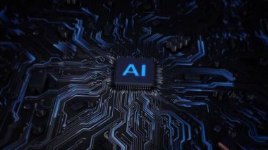 Yapay Zeka Devre Tahtası Yapay Zeka Beyin Devresi Teknolojik Çipi. İnsan beyni robot düşüncesi gösteriyor. Sinirsel ağ devre kartı kavramı, büyük veri mikroçip işlemcisi, iot