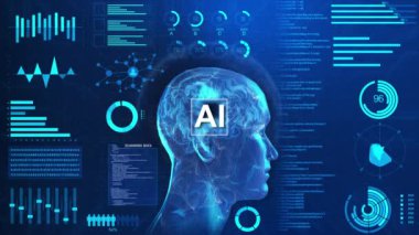 Büyük verilere yardımcı olacak gelecekçi yapay zeka teknolojisi. İş Analitiği için Yapay Zeka Öğrenimi. Veri madenciliği, bilgi hologramı diyagramı büyük veri teknolojisi siber güvenlik, yenilik 3D 4K