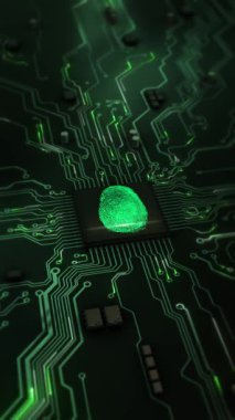Mikroçip devre kartında parmak izi, dijital kimlik biyometrik güvenlik. Kişisel kimlik tanımlama sistemleri, dijital kimlik doğrulama teknolojisi siber güvenlik 3D 4K