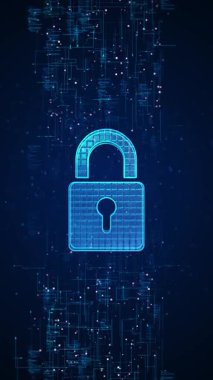 Siber güvenlik veri koruması sanal kilit ikon devre kartının dijital güvenlik hologramı. Mali mahremiyet VPN servisi. Engelleme zinciri şifreli cüzdan. Özel bulut depolama finans veri gizliliği