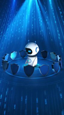 Dijital Kalkanları olan yapay zeka destekli güvenlik robotu dijital kalkanları, çevrimiçi veri tehditlerinin savunması. Siber güvenlik çözümlerinin merkezindeki yapay zeka. otomatik güvenlik sistemleri