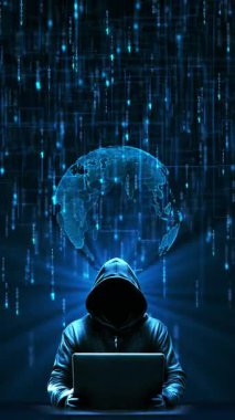 Dijital dünyadaki bilgisayar korsanı dijital güvenlik akışı veri akışını siber güvenlik tehditlerini aşıyor, izinsiz erişimi hackliyor. siber saldırılar dijital tehditler, çevrimiçi mahremiyet, veri koruması