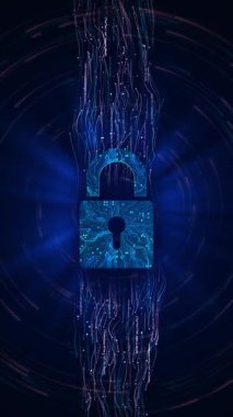 Dijital arka plan güvenlik sistemleri Siber güvenlik özel veri konseptini koruyor. Entegre devreyi kilitler. Güvenlik duvarı hackerı saldırısı. Şifreleme. Erişim, siber tehditler, kötü niyetli faaliyetler 3D 4K