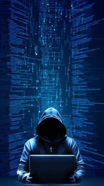 Dizüstü bilgisayarı ve dijital dünya haritası olan ve parlayan veri akışlarından oluşan dijital dünya matrisi olan bir bilgisayar korsanı. Hackleme, siber güvenlik tehditleri, dijital gizlilik riskleri. dijital güvenlik tehditleri, online suç Dark Web 'de.