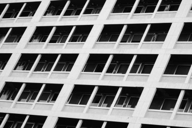 Sanayileşmiş, insanları bir arı kovanı gibi binaların bloklarında toplayan, hareketli, stresli ve soğuk bir şehirde, siyah beyaz bir binanın ön cephesi ve balkonları..