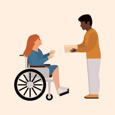 Engellilere yardım etmek. Tekerlekli sandalyedeki genç bir kız ayakta duran bir çocuktan yardım alıyor. İlgi, şefkat ve kapsayıcılık..