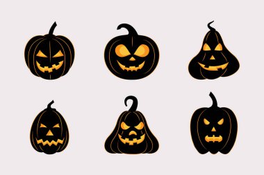 Cadılar Bayramı için komik balkabağı balkabakları. Açık gri arka planda koyu siyah-beyaz siluet şeklinde altı Cadılar Bayramı balkabağı seti. Cadılar Bayramı temalı içerik için modern minimalist tasarım.