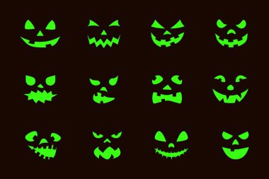 Siyah arka planda parlayan yeşil Cadılar Bayramı kabağı yüzleri. Ürkütücü temalı tasarımlar ve neon tarzı posterler için ideal.