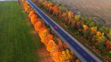 Hava manzaralı insansız hava aracı, güneşli bir sonbahar gününde, kırsal köy yolunun üzerinde, sinematik, canlı, renkli ormanlarla çevrili bir şekilde gidiyor..