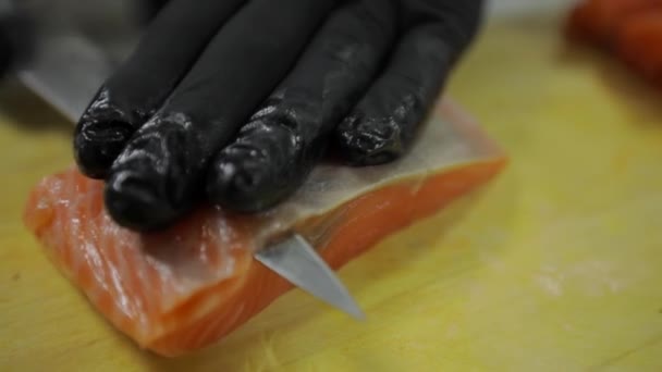Preparing Fish Cooking Involves Removing Scales Filleting Chef Slicing Fresh — Stock Video