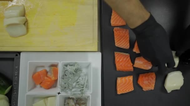 Chef Prepares Fish Fillets Diners Restaurant Someone Preparing Fresh Pieces — Stock Video