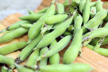 Tahta bir yüzey üzerinde canlı yeşil geniş fasulye (fava fasülyesi) yakın plan. Taze bahar hasadı, doğal doku, renk ve organik tarladan sofraya yaşam tarzı. Gıda ve tarım temaları için ideal.