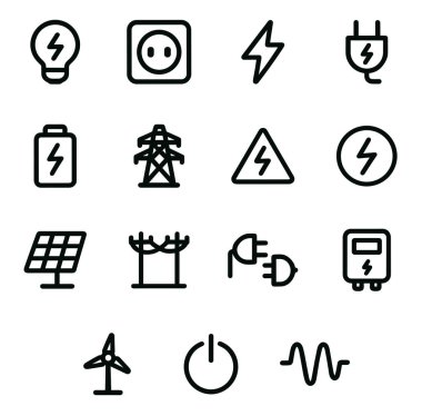 Güç kaynakları, prizler, şimşekler, güneş panelleri ve daha fazlası gibi çeşitli enerji ve elektrik elementlerini temsil eden bir dizi minimalist çizgi sanat simgesi. Teknoloji, çevre ve enerji temaları için mükemmel.