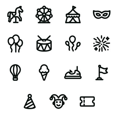 Bu simge seti, karnaval temalı nesneleri ve etkinlikleri temsil eden basit ve cesur ana hatlar simgelerini içerir. Bu simgeler herhangi bir tasarım projesine eğlence ve şenlik katmak için mükemmeldir..