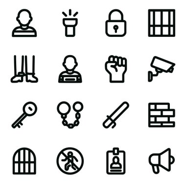 Tutuklu, parmaklık, kelepçe, gözetleme kamerası ve diğer ilgili semboller de dahil olmak üzere güvenlik ve suçla ilgili minimalist taslak ikonları. Hukuk, düzen ve adalet kavramlarını göstermek için mükemmel..