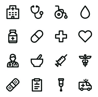 Bir dizi minimalist, ana hatlarıyla tıbbi ikonlar. Sağlık, tıbbi, tedavi ve bilimle ilgili projeler için mükemmel. İkonda hastane, steteskop, tekerlekli sandalye, damla, hap, ilaç, doktor, şırınga, ambulans, caduceus yer alıyor.