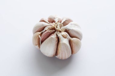 Close-up of one fresh garlic bulb on a simple white background, essential for cooking and adding robust flavor to culinary creations.