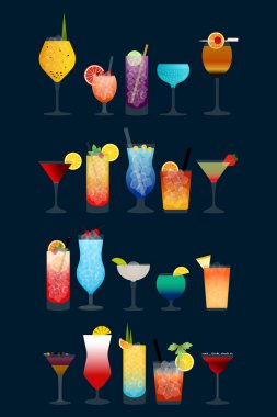 Kokteyl Bauhaus illüstrasyon tasarımı. Kokteyl geçmişi. Kokteyl elementleri içer. Bar posteri, içerisi, kutlama, koleksiyon, cam, menü, simge seti, izole edilmiş, desen. 