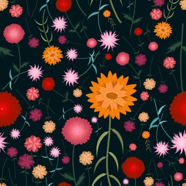 Çiçekler kusursuz desenli. Çiçekli, tropikal, arka plan, arka plan, kumaşlar, tekstil, lif, duvar kağıdı ve vektör çiçek tarzında baskı için bitkisel desenli basit sevimli çizim deseni.