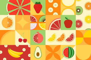 Meyve arkaplanı. Meyve bauhaus. Meyve deseni. Renkli yaz tarzı modern illüstrasyon elma, portakal, karpuz, mango, muz, böğürtlen, pankart için limon, duvar kağıdı, poster, kart, düz kart.