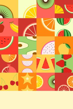 Meyve arkaplanı. Meyve bauhaus. Meyve deseni. Renkli yaz tarzı modern illüstrasyon elma, portakal, karpuz, mango, muz, böğürtlen, pankart için limon, duvar kağıdı, poster, kart, düz kart.
