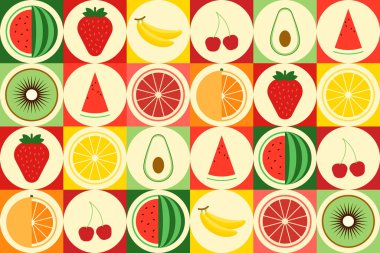 Meyve arkaplanı. Meyve bauhaus. Meyve deseni. Renkli yaz tarzı modern illüstrasyon elma, portakal, karpuz, mango, muz, böğürtlen, pankart için limon, duvar kağıdı, poster, kart, düz kart.