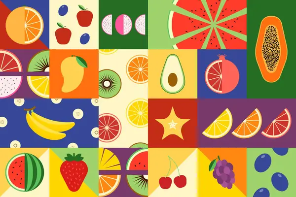 Meyve arkaplanı. Meyve bauhaus. Meyve deseni. Renkli yaz tarzı modern illüstrasyon elma, portakal, karpuz, mango, muz, böğürtlen, pankart için limon, duvar kağıdı, poster, kart, düz kart.